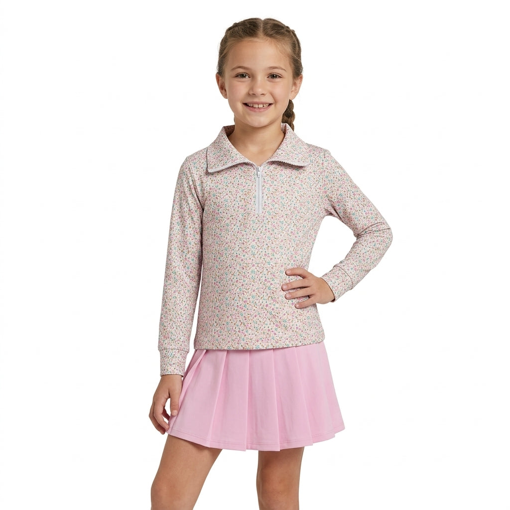 GLD1814 Baby Girls Pink Small Flowers Zip Pullover Yoga Active Skirt Shorts Clothes Sets