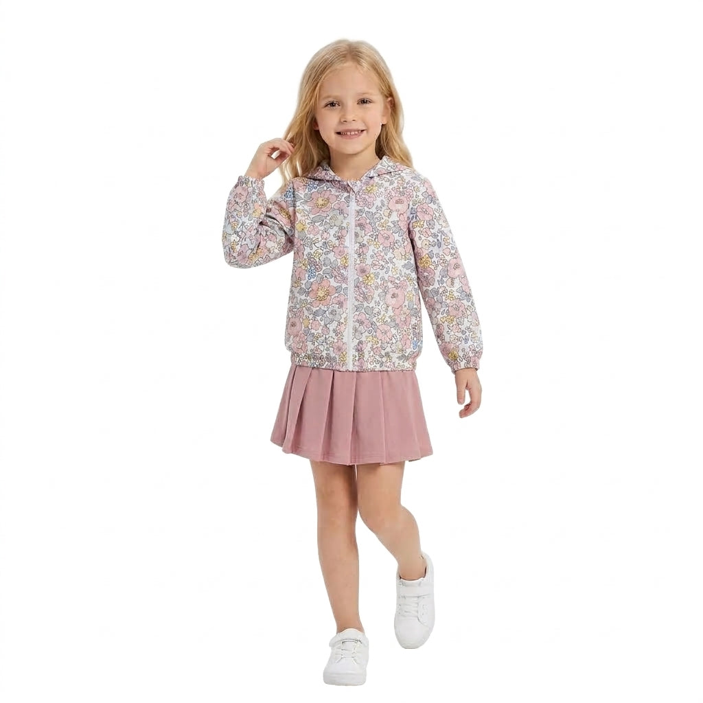 GLD1815 Baby Girls Pink Flowers Zip Pockets Hoodie Jackets Yoga Active Skirt Shorts Clothes Sets