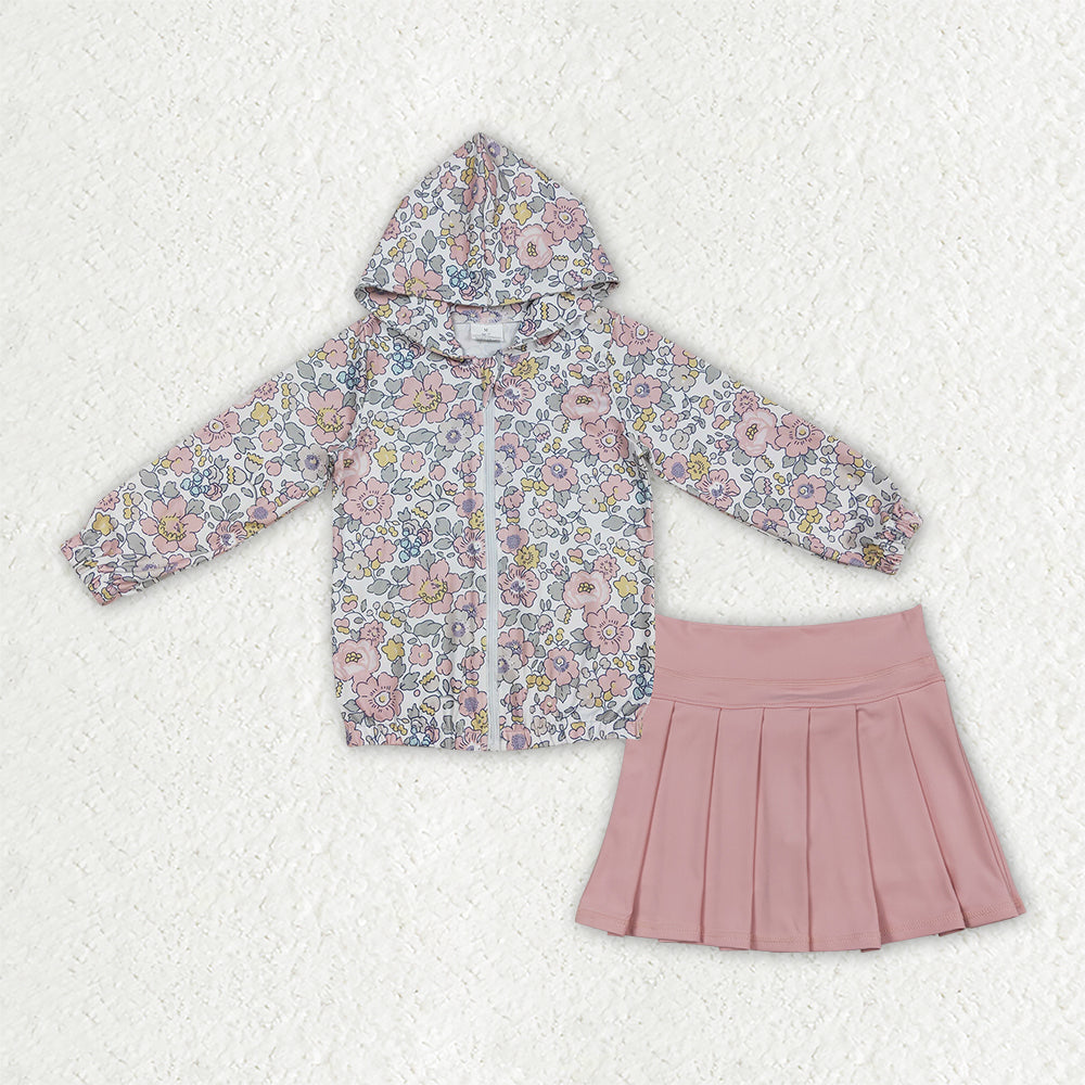 GLD1815 Baby Girls Pink Flowers Zip Pockets Hoodie Jackets Yoga Active Skirt Shorts Clothes Sets