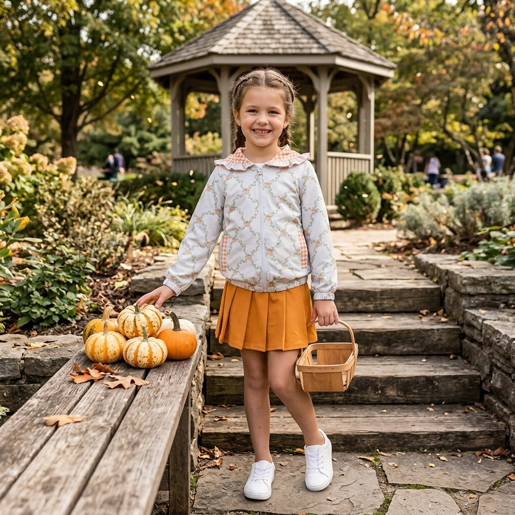 GLD1816 Baby Girls Flowers Pumpkins Zip Pockets Ruffle Hoodie Jackets Yoga Active Skirt Shorts Fall Sets