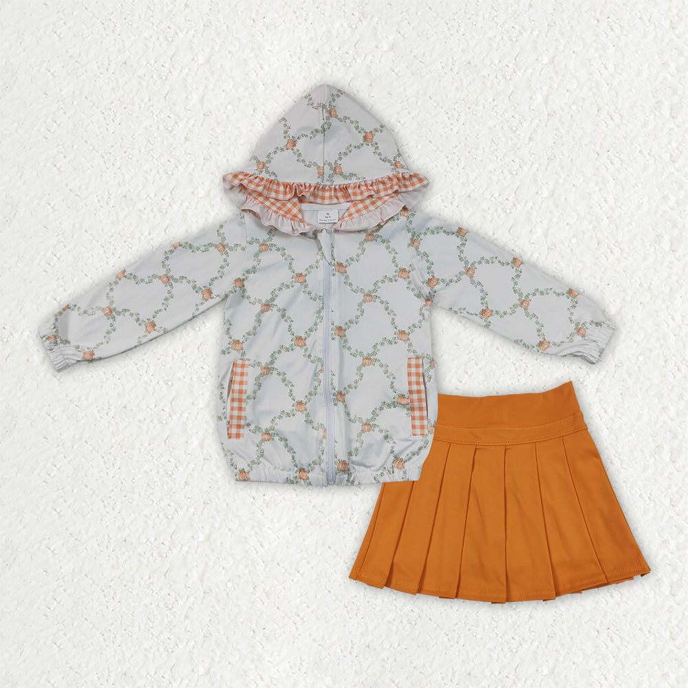 GLD1816 Baby Girls Flowers Pumpkins Zip Pockets Ruffle Hoodie Jackets Yoga Active Skirt Shorts Fall Sets