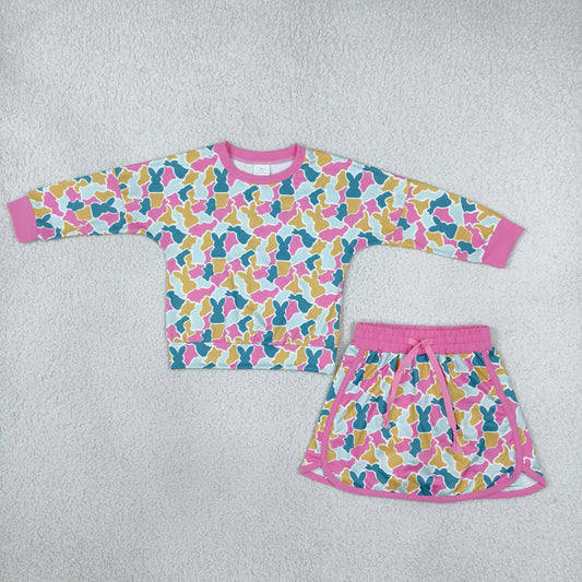 GLD1825 Baby Girls Colorful Rabbits Camo Long Sleeve Top Skirt Short Easter Clothes Set