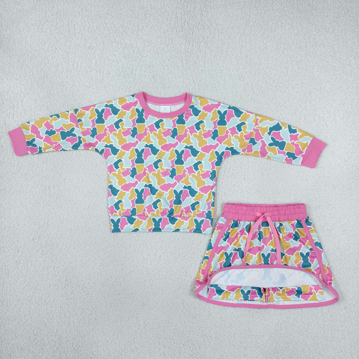 Sibling Baby Girls Pink Blue Rabbits Camo Long Sleeve Skorts Easter Clothes Set Hoodies Top