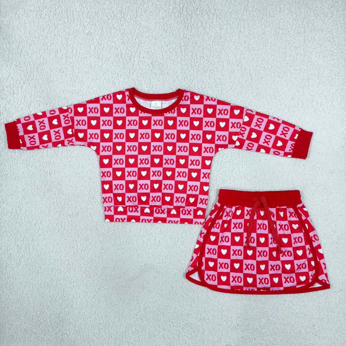 GLD1826 Baby Girls Pink Hearts XOXO Checked Long Sleeve Top Skirt Short Valentines Clothes Set