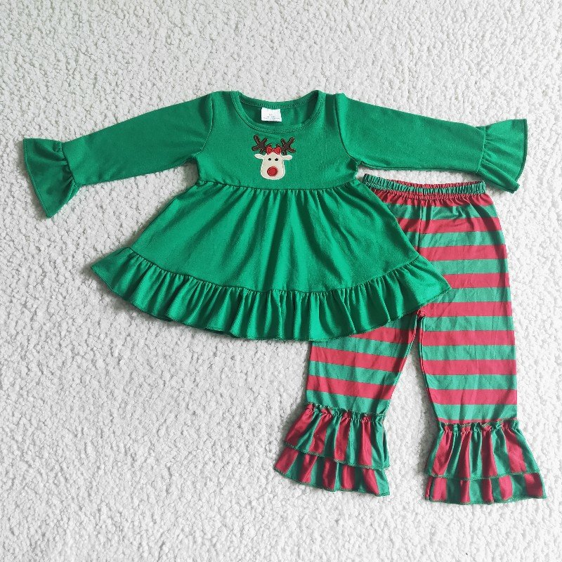 Sibling Baby Boys Girls Embroidery Deer Top Pants Christmas Clothes Sets