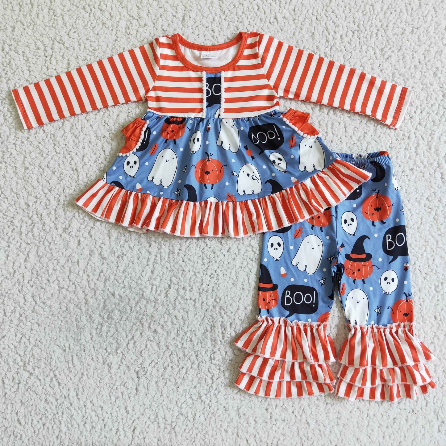 Sibling Baby Girls Long Sleeves Ghosts Bows Tunic Pants Halloween Clothes Sets