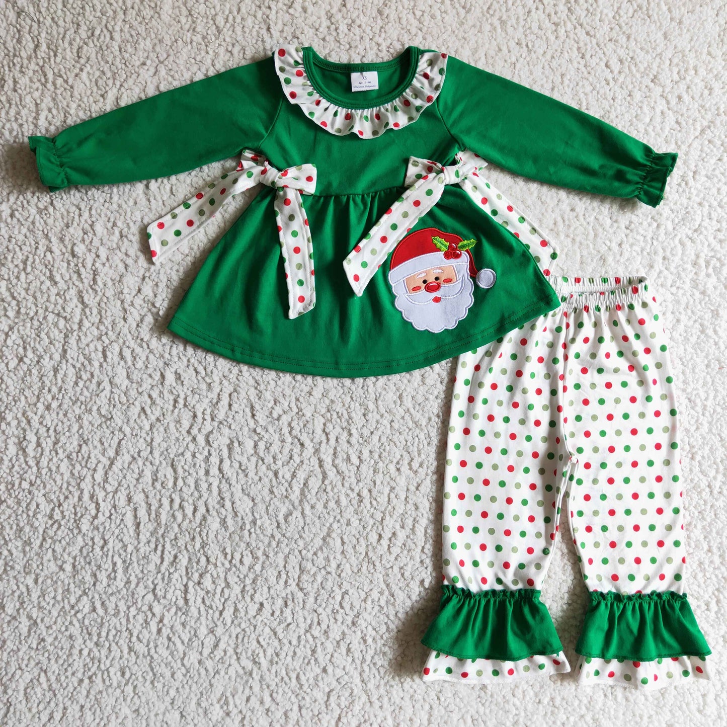 Embroidery Santa Sibling Baby Girls Tunic Top Pants Christmas Pajamas Clothes Sets