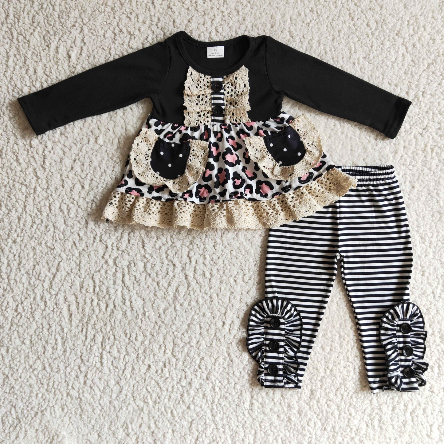 Sibling Baby Girls Fall Flowers Leopard Pocket Button Tunic Legging Pants Clothing Sets