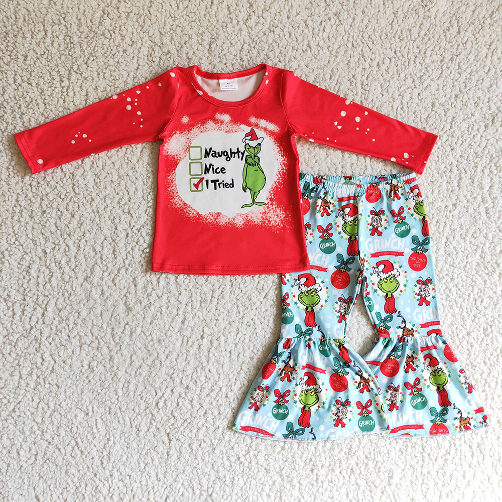Sibling Baby Girls Lights Green Faces Bows Christmas Knee Length Dress Rompers Bell Pants Clothes Sets