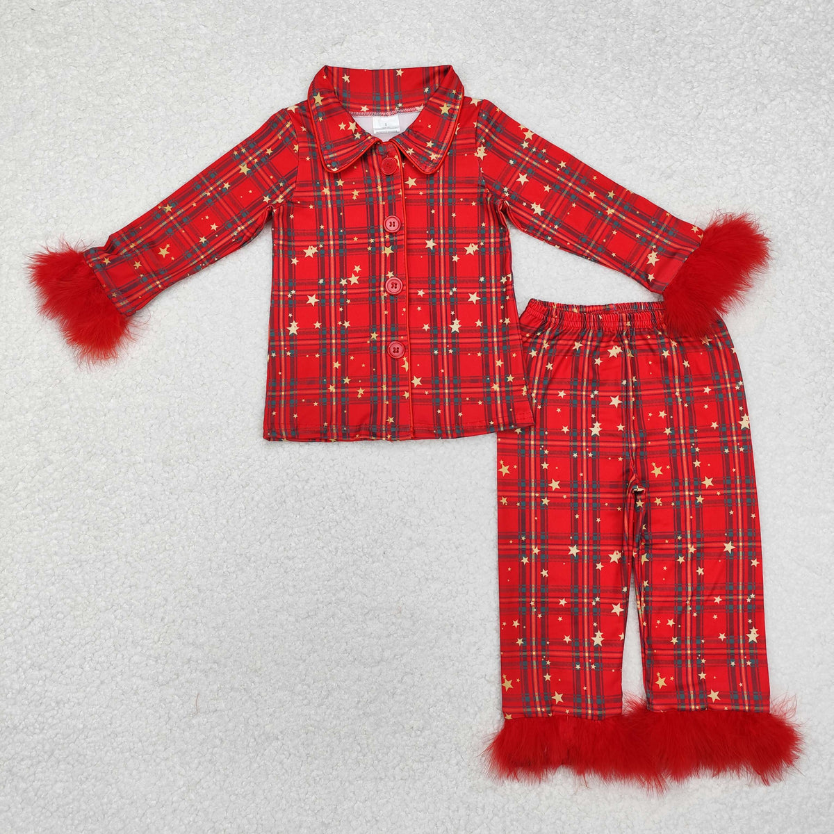 Sibling Baby Girls Long Sleeve Christmas Button Top Pant Fur Sleeves Pajamas Clothes Sets