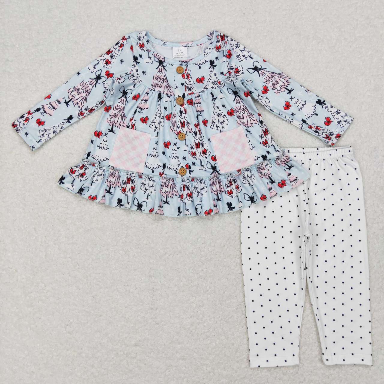 Sibling Baby Girls Santa Candy Cane Trees Pockets Button Tunic Pants Christmas Clothes Sets