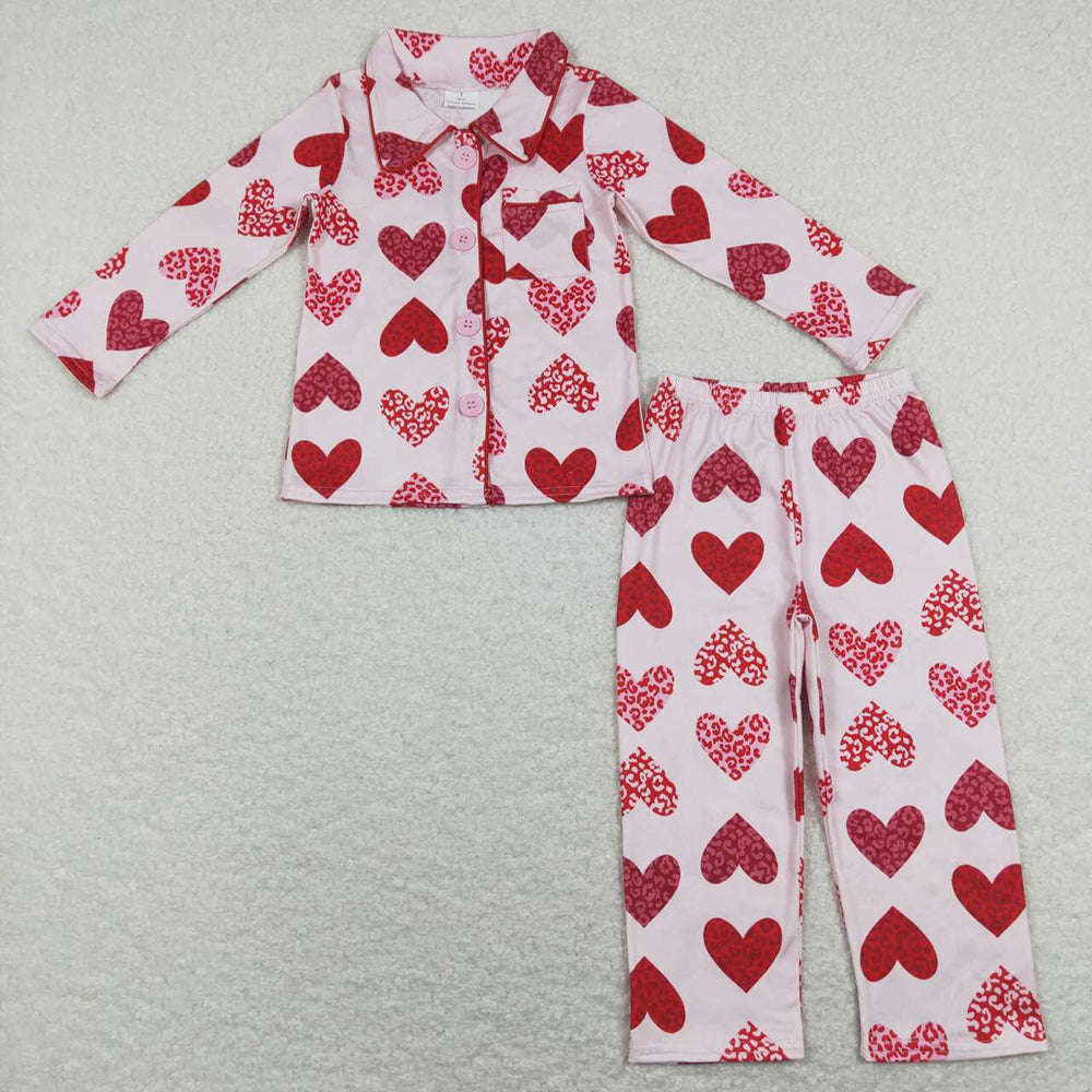Sibling Baby Girls Valentines Hearts Button Top Pant Pajamas Sets