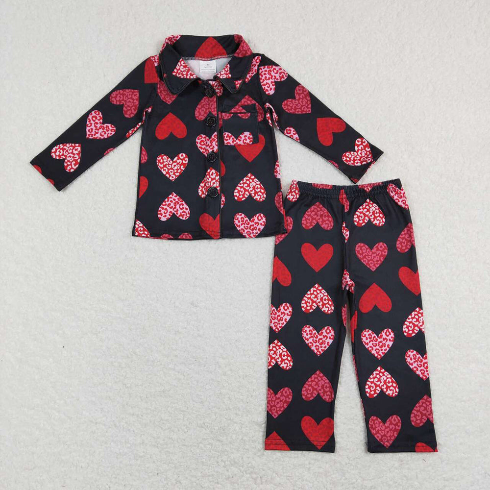 Sibling Baby Girls Valentines Hearts Button Top Pant Pajamas Sets