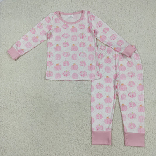 GLP1188 Bamboo Baby Girls Pink Pumpkins Plaid Top Pants Fall Pajamas Sets
