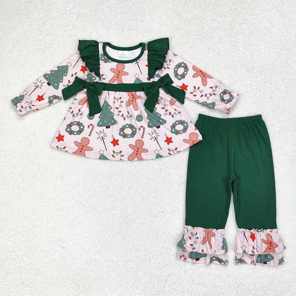 Sibling Baby Girls Long Sleeves Gingerbread Santa Plaid Tunic Ruffle Pants Christmas Sets