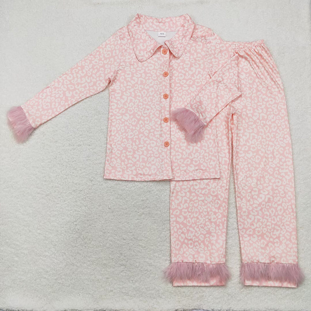 GLP1262 Adult Women Pink Leopard Button Top Pants Winter Fur Sleeve Pajamas Set