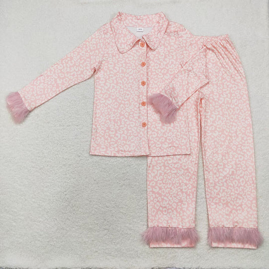 GLP1262 Adult Women Pink Leopard Button Top Pants Winter Fur Sleeve Pajamas Set