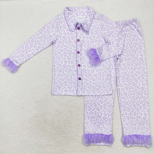 GLP1263 Adult Women Lavender Leopard Button Top Pants Winter Fur Sleeve Pajamas Set