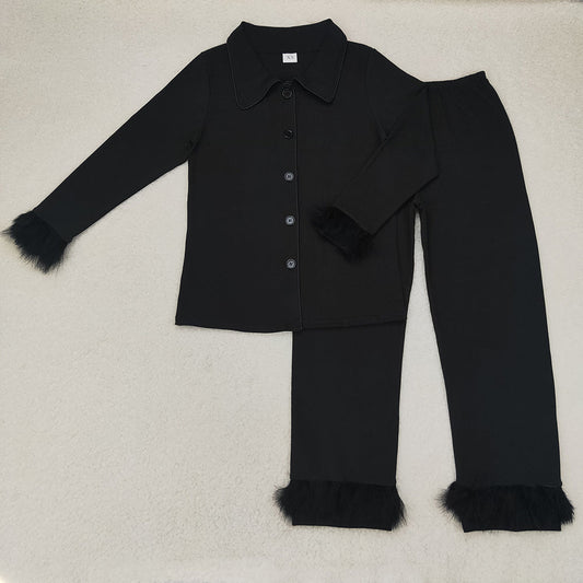 GLP1264 Adult Women Black Button Top Pants Winter Fur Sleeve Pajamas Set