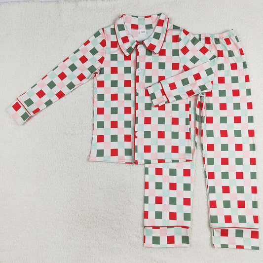 GLP1353 Adult Women Red Green Checked Button Top Pants Christmas Pajamas Set