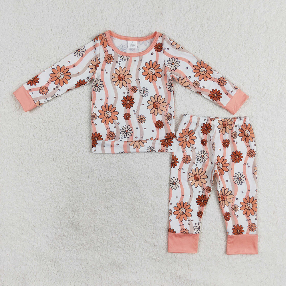 Sibling Baby Girls Flowers Bows Top Pant Bamboo Pajamas Sets