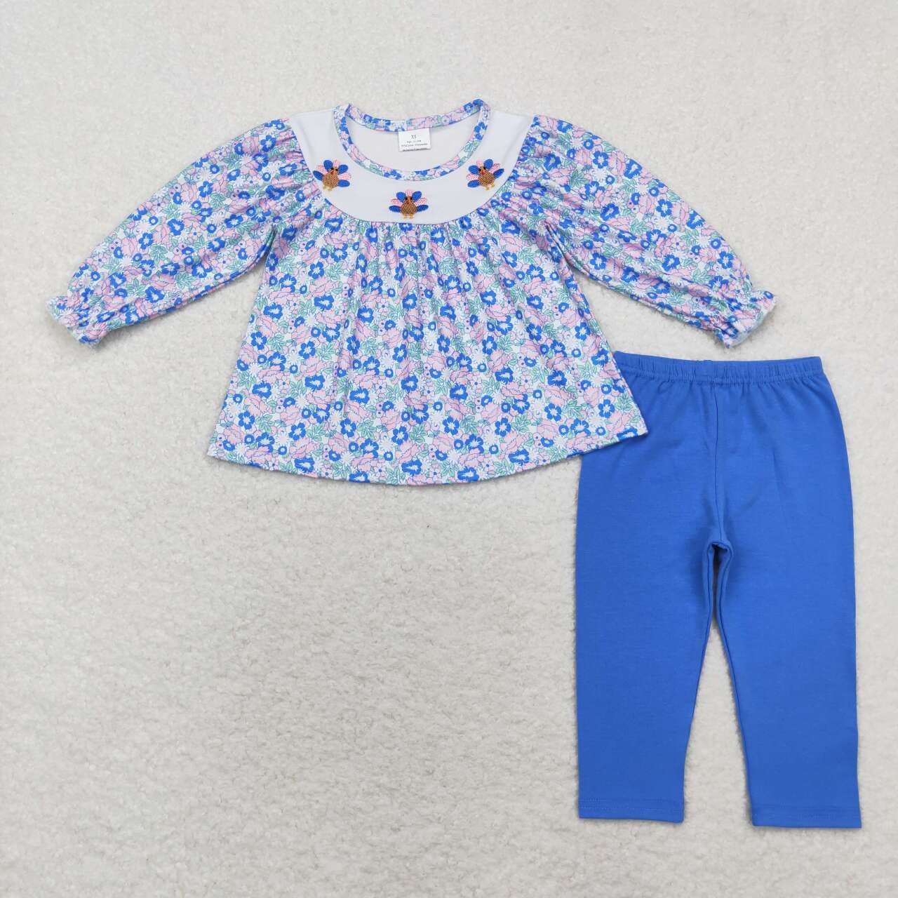 Sibling Baby Girls Embroidery Turkey Long Ruffle Sleeves Pants Thanksgiving Clothes Sets