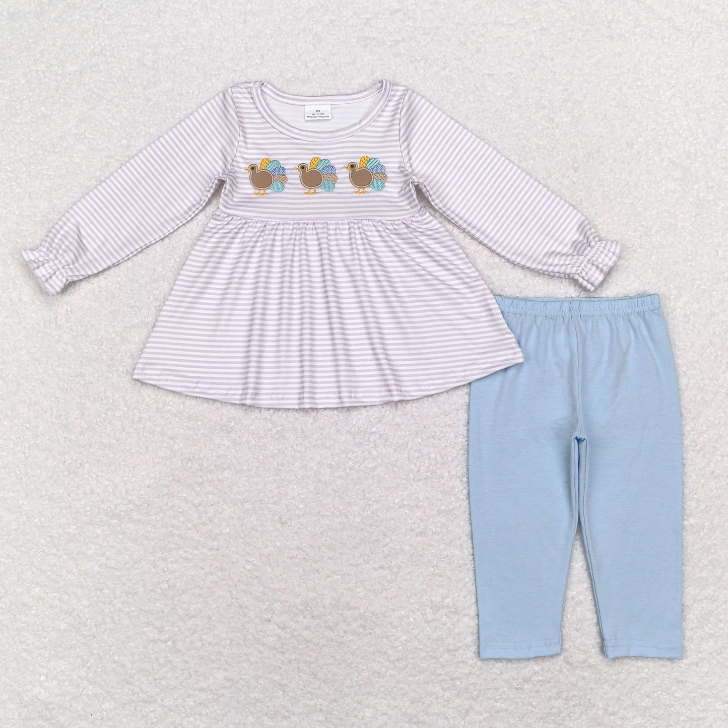 Sibling Baby Girls Embroidery Turkey Long Ruffle Sleeves Pants Thanksgiving Clothes Sets