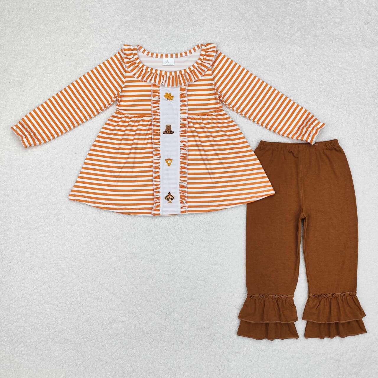 Sibling Baby Girls Embroidery Turkey Pie Pumpkins Tunic Pants Thanksgiving Clothes Sets