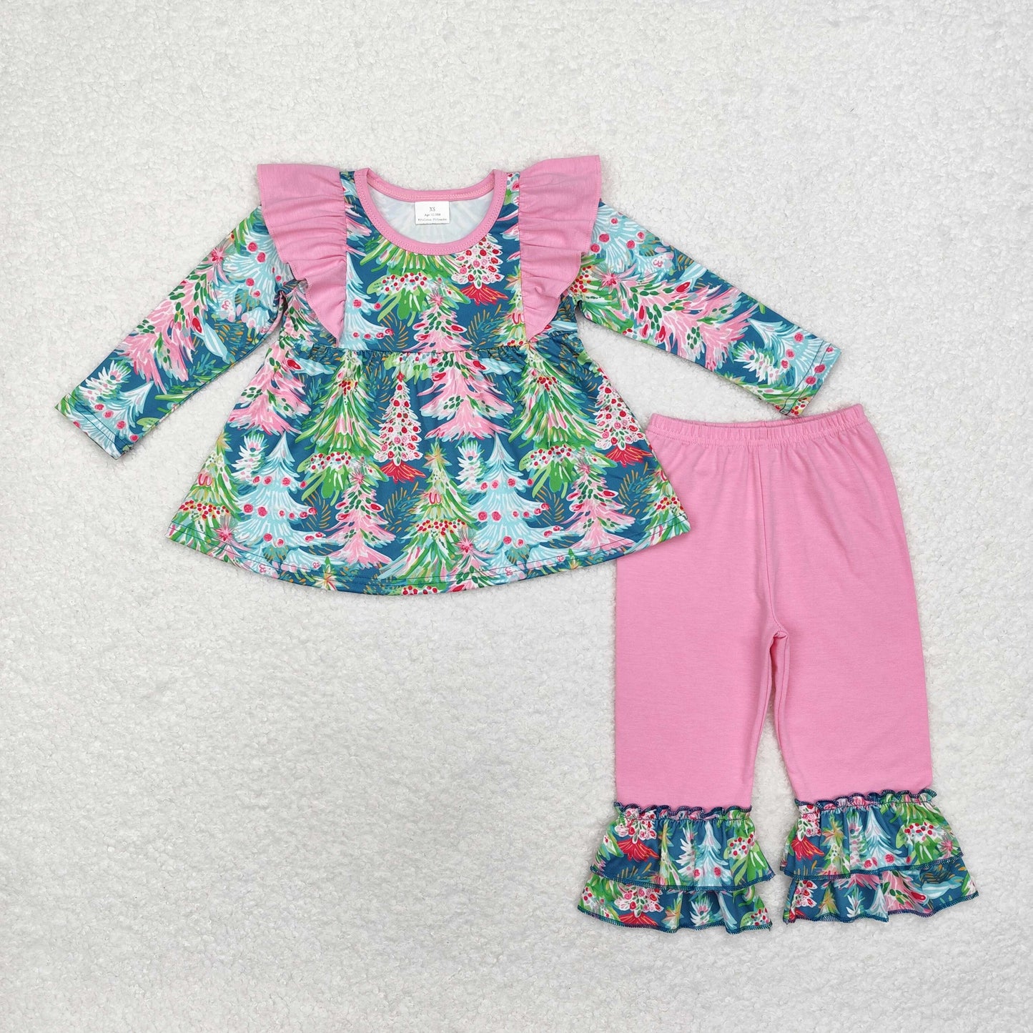 Sibling Baby Girls Long Ruffle Sleeves Santa Gingerbread Trees Tunic Pants Christmas Clothes Sets