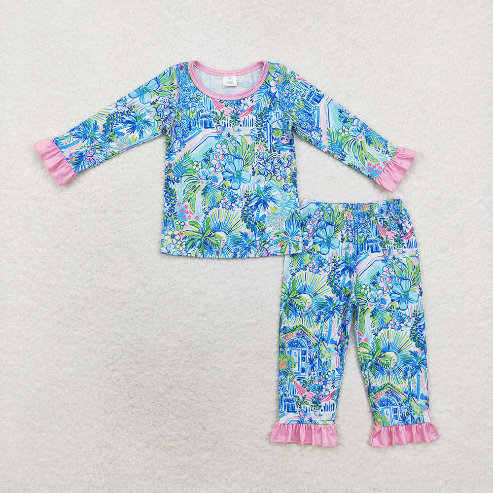 Sibling Baby Girls Flowers Bows Top Pant Bamboo Pajamas Sets