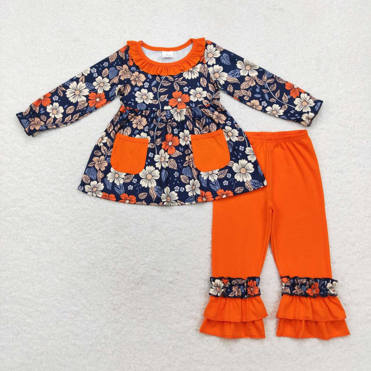 Sibling Baby Girls Long Sleeves Colorful Floral Bows Plaid Tunic Ruffle Pants Sets