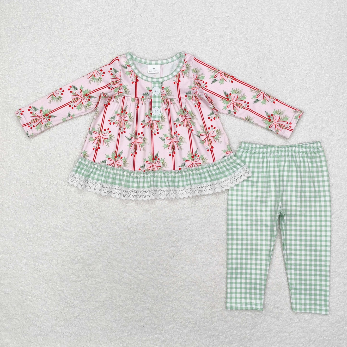 Sibling Baby Girls Long Ruffle Sleeves Santa Trees Bows Tunic Pants Christmas Clothes Sets