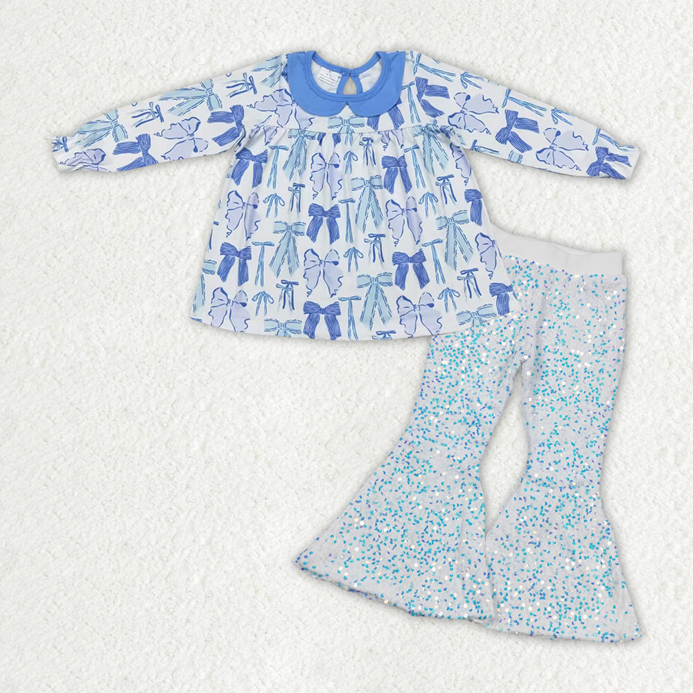 Sibling Baby Girls Bows Plaid Tunic Sequin Bell Bottom Pant Clothes Set