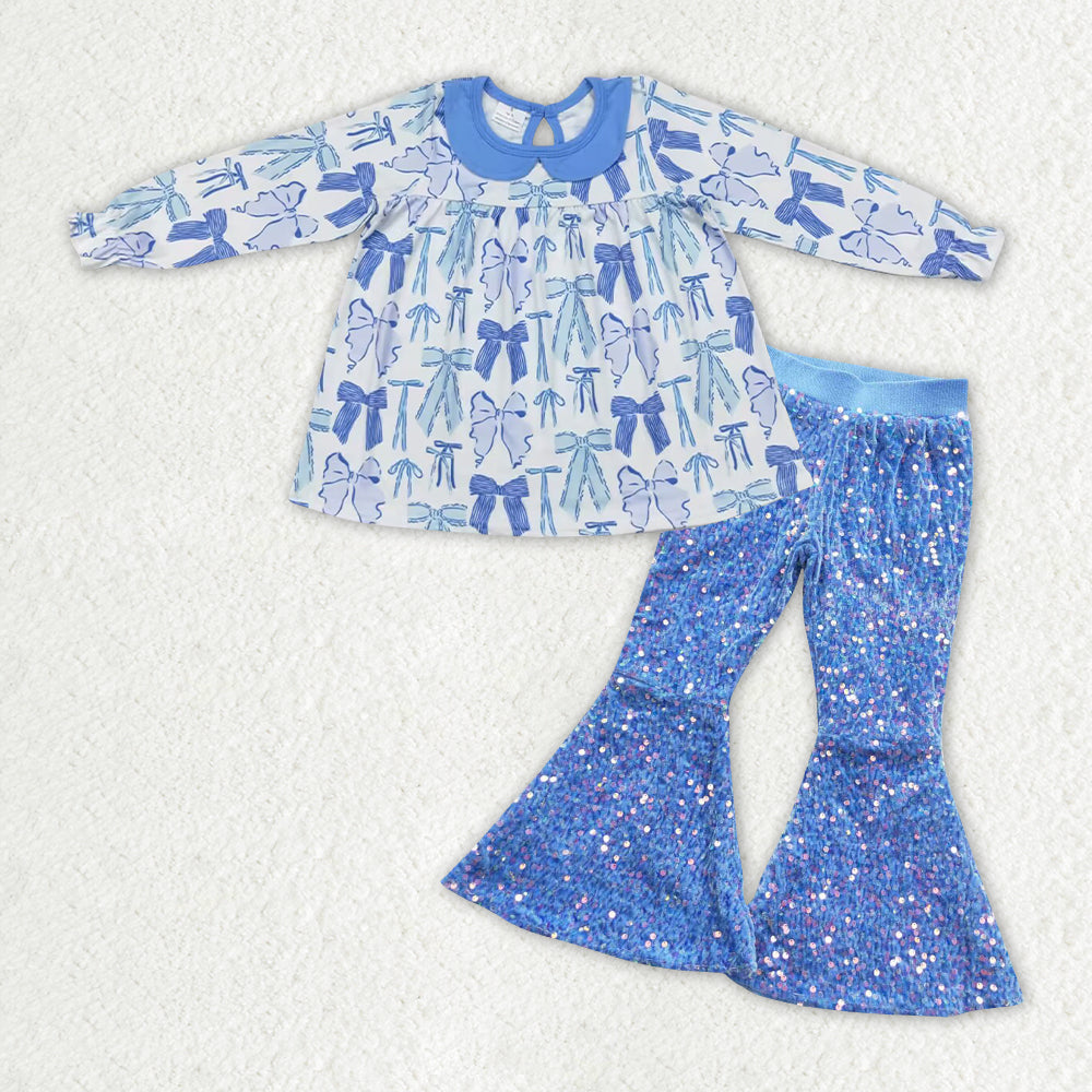 Sibling Baby Girls Bows Plaid Tunic Sequin Bell Bottom Pant Clothes Set