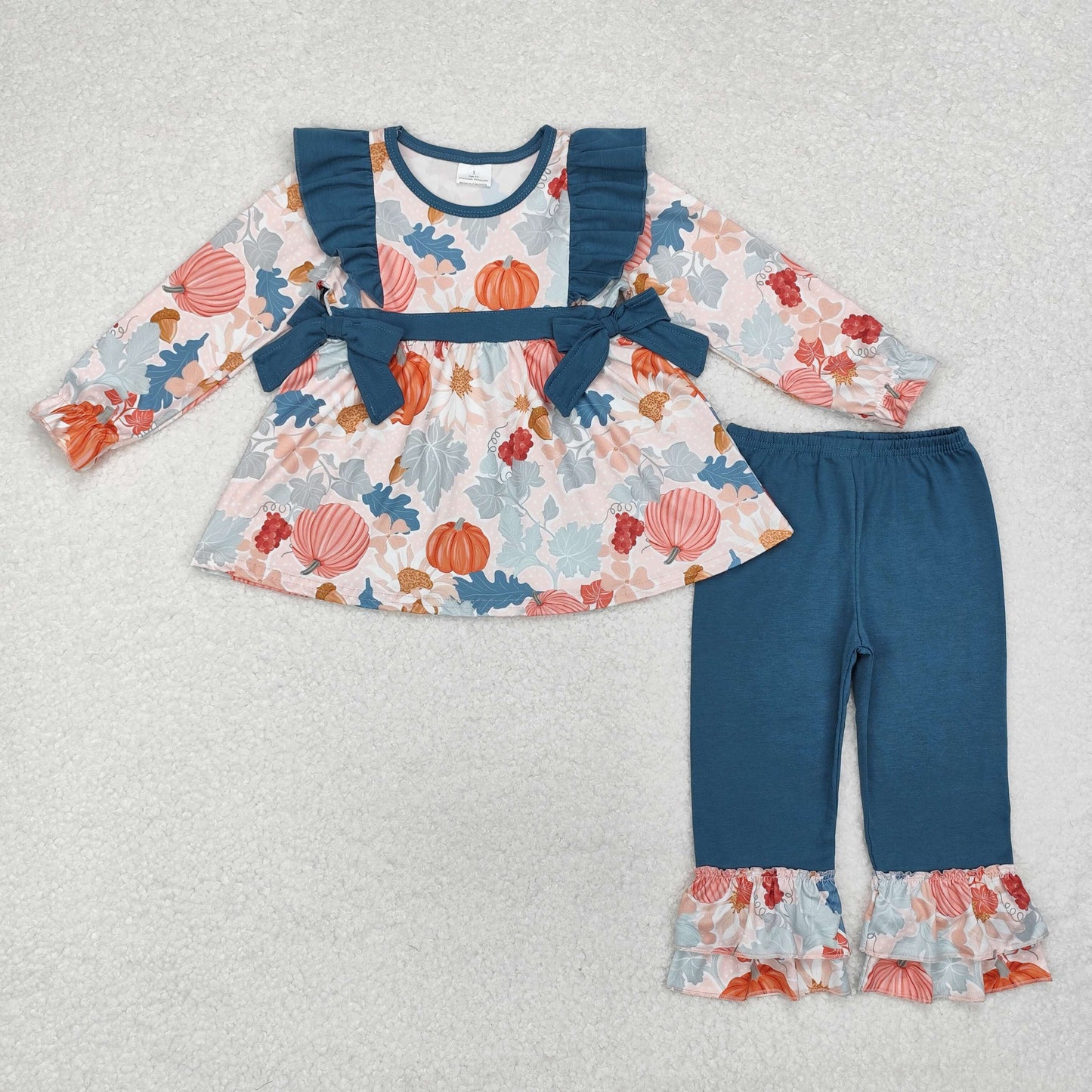 Sibling Baby Girls Long Ruffle Sleeves Flowers Pumpkins Tunic Pants Fall Clothes Sets