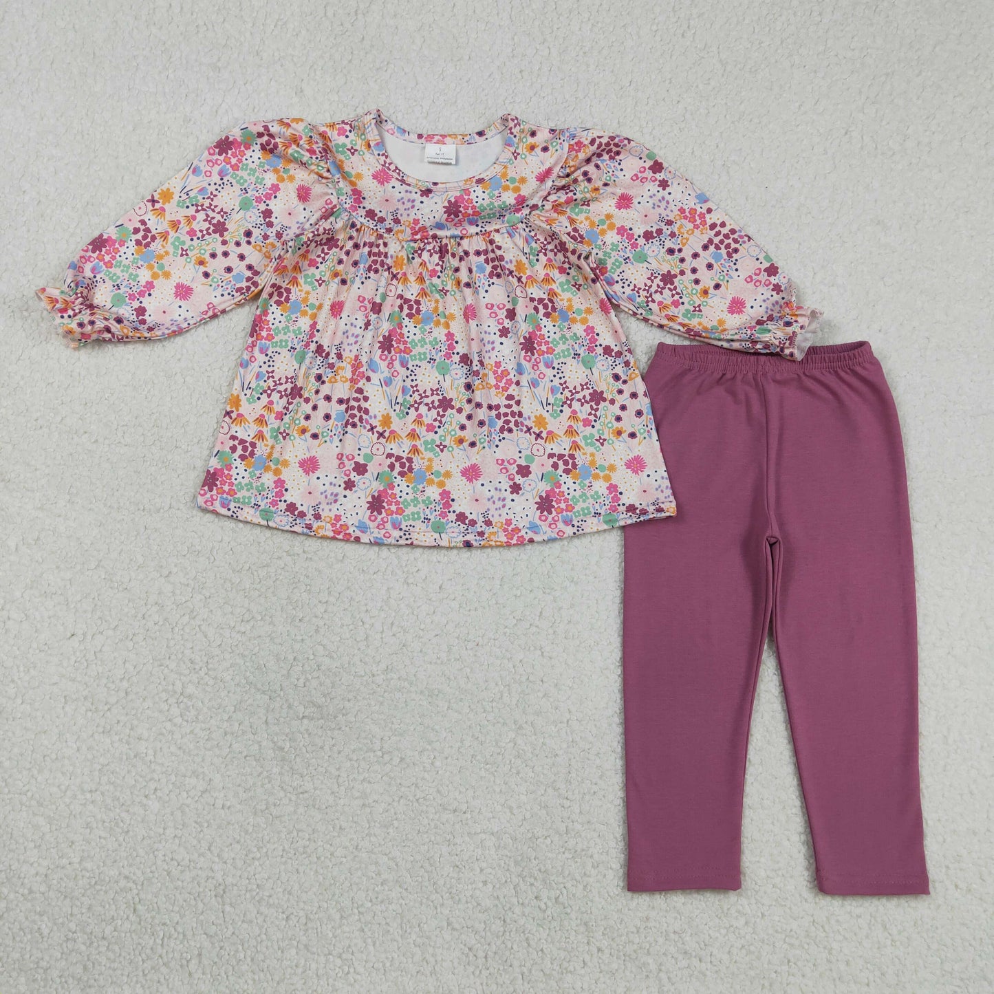 GLP1817 Baby Girls Long Ruffle Sleeve Colorful Flowers Tunic Leggings Pant Clothes Sets