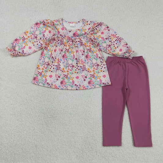GLP1817 Baby Girls Long Ruffle Sleeve Colorful Flowers Tunic Leggings Pant Clothes Sets
