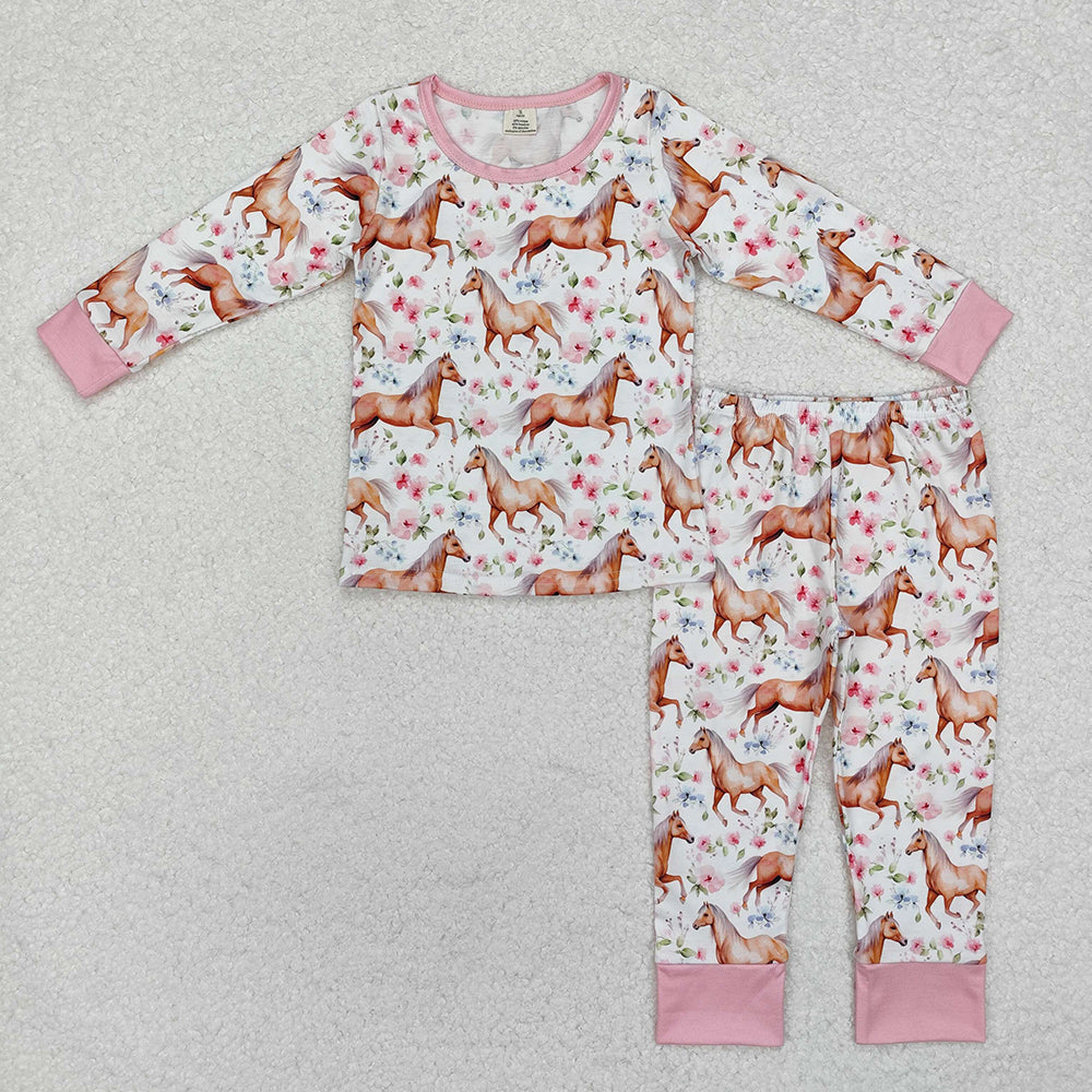 Sibling Baby Girls Long Sleeve Cows Cactus Horses Top Pant Bamboo Pajamas Sets