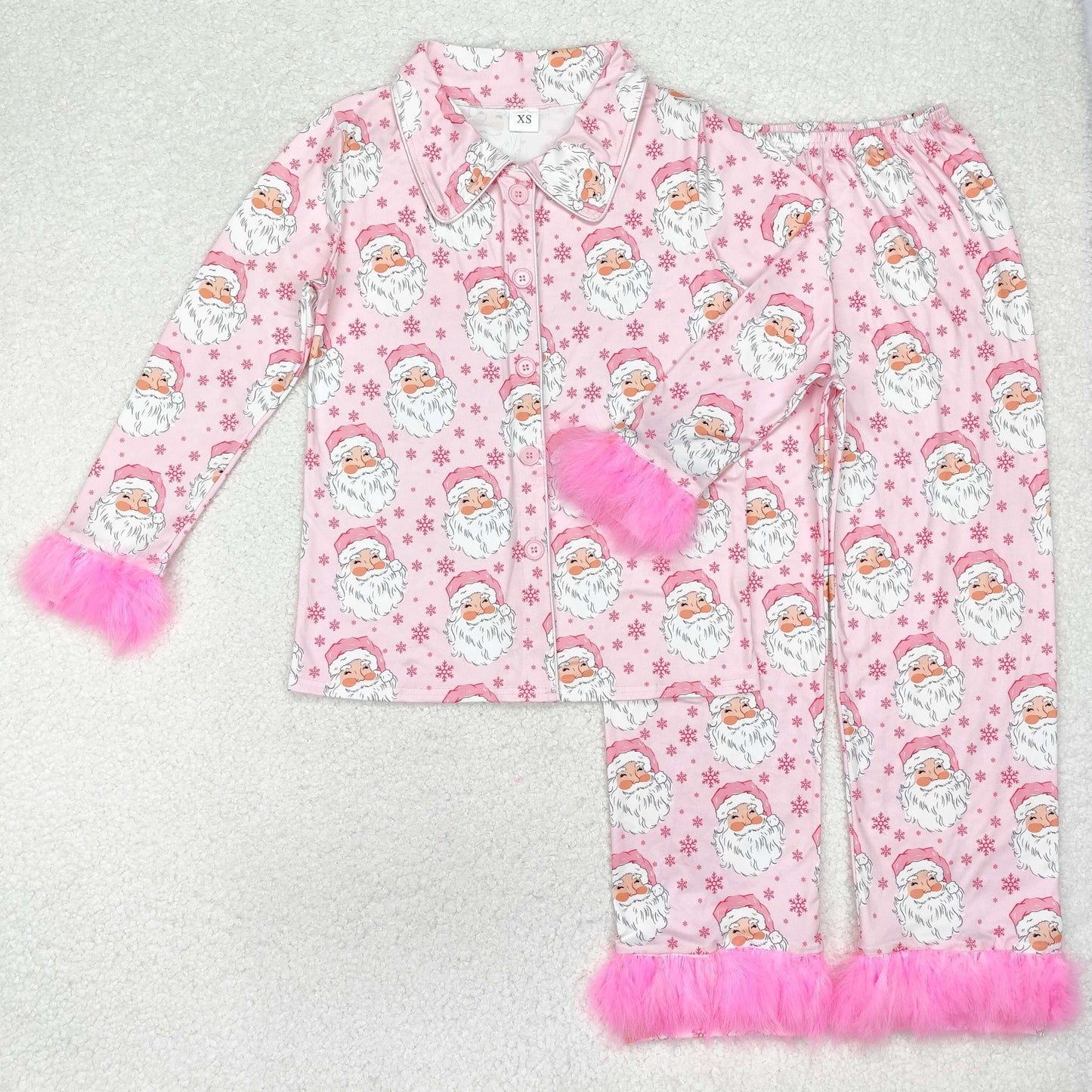 GLP1901 Adult Women Pink Snowflakes Santa Button Top Pants Christmas Fur Sleeve Pajamas Set