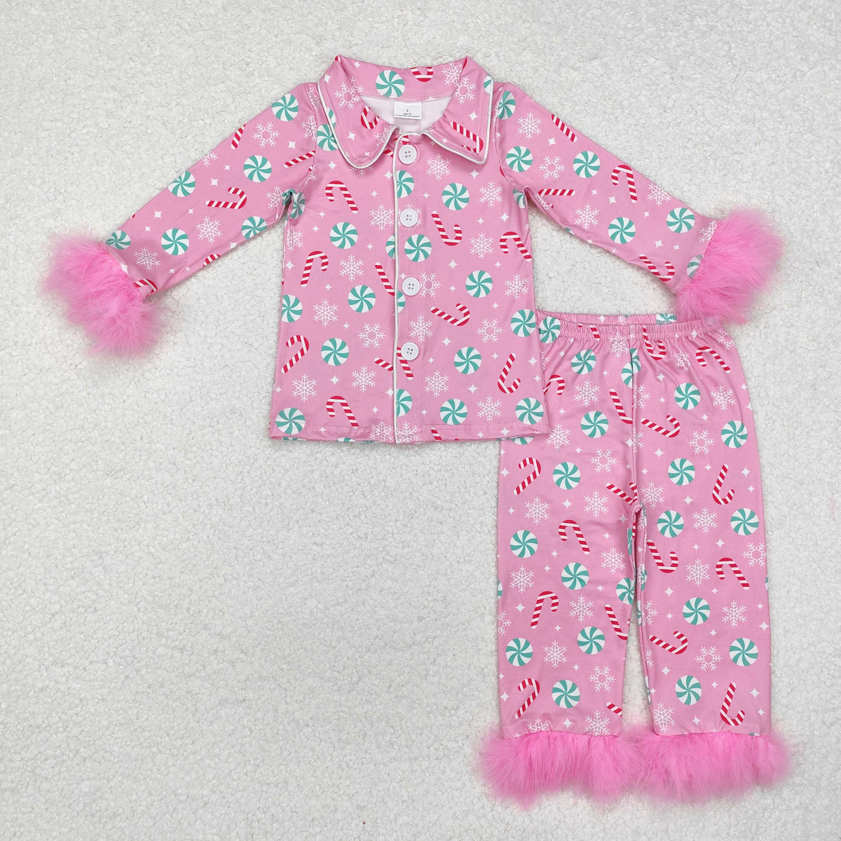 Sibling Baby Girls Long Sleeve Christmas Button Top Pant Fur Sleeves Pajamas Clothes Sets