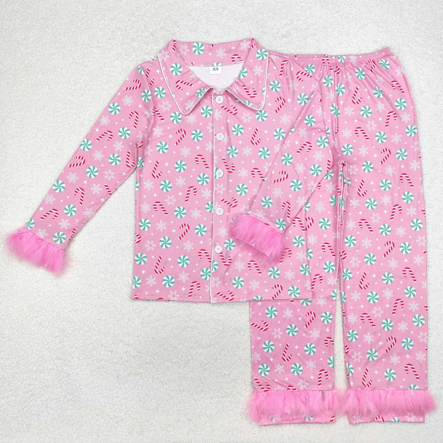 Sibling Adult Women Grin Santa Button Up Top Pants Fur Sleeve Christmas Pajamas Sets