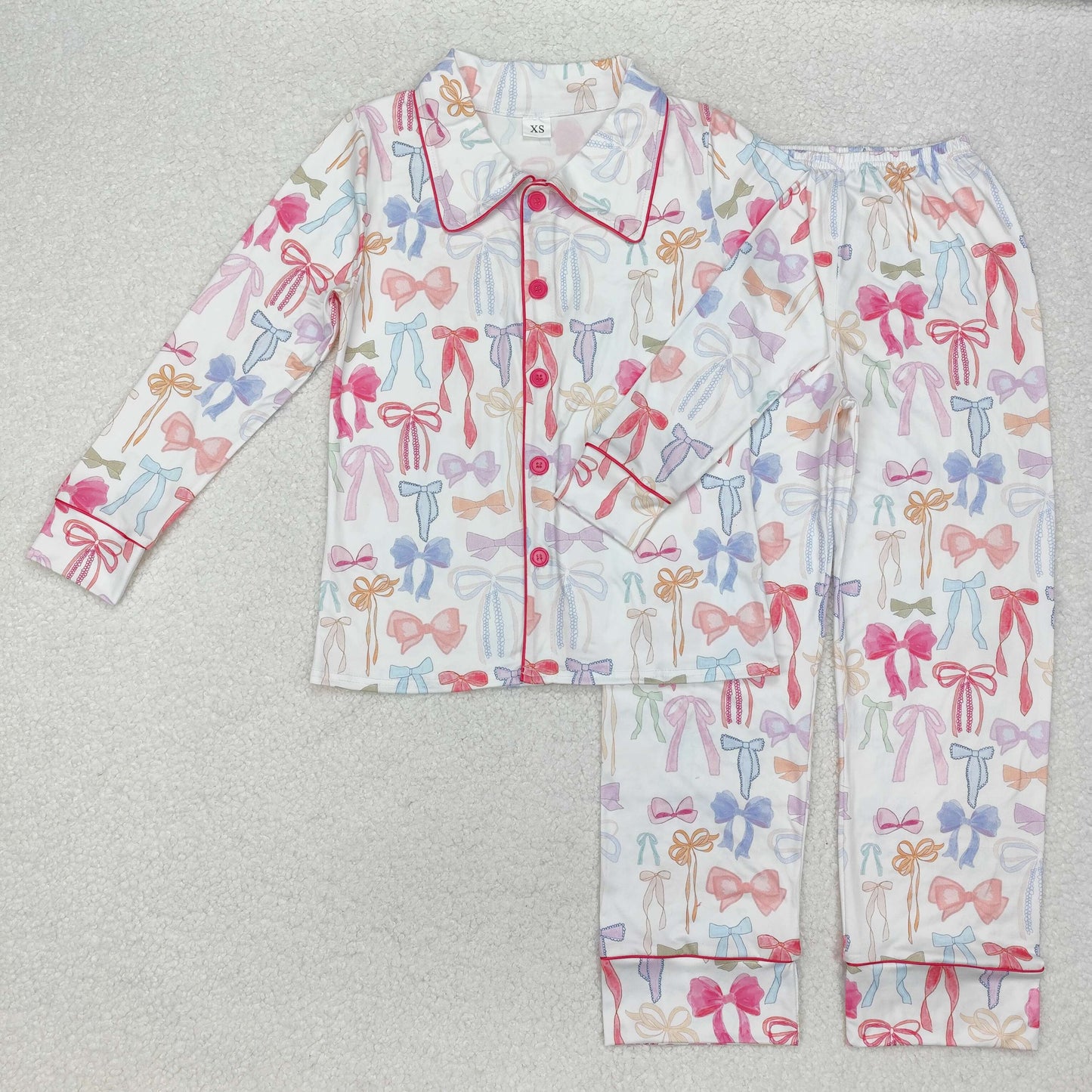 BLP0296 Adult Women Colorful Bows Button Top Pants Pajamas Set