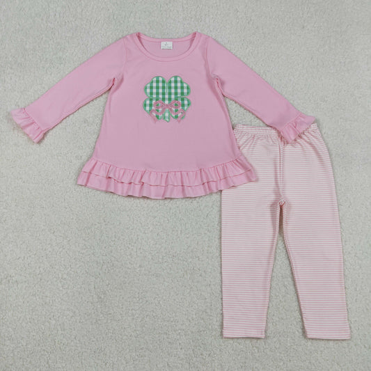 GLP2210 Baby Girls Embroidery Bows Clovers Tunic Stripe Leggings St Patrick Clothes Sets