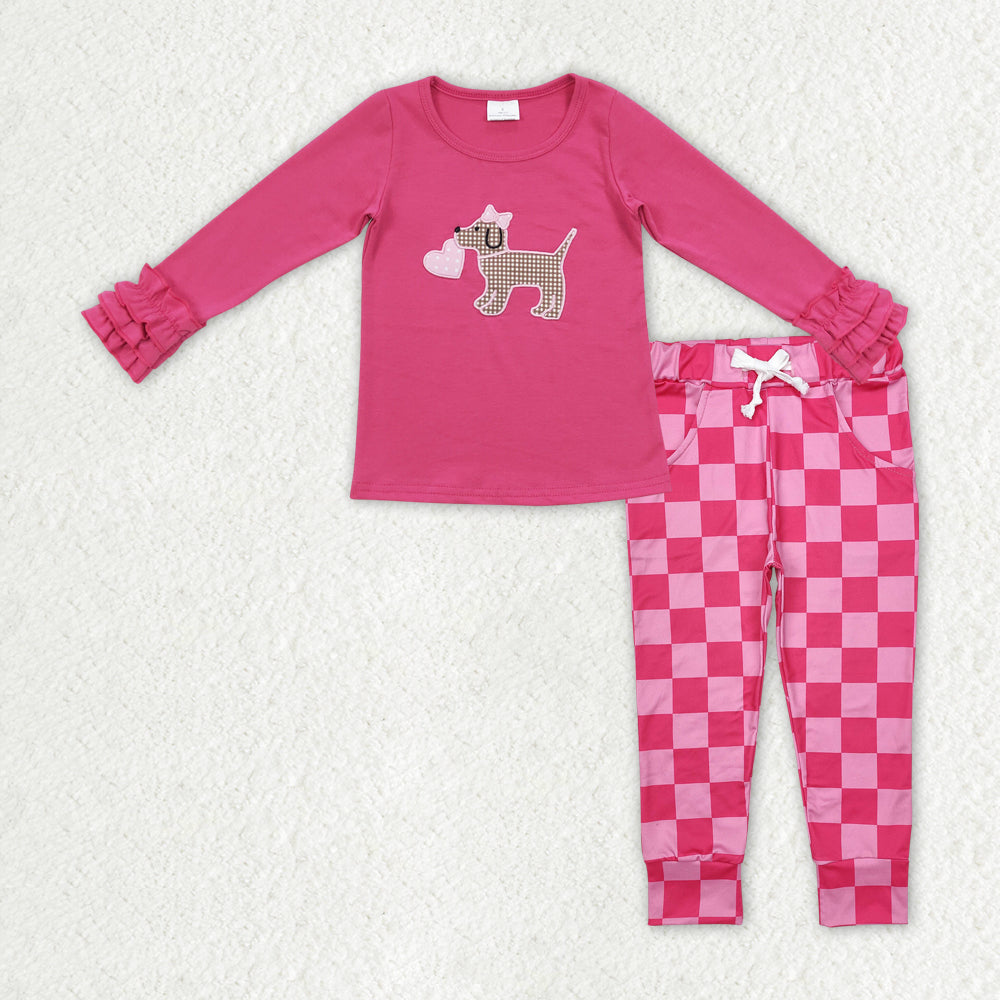 Sibling Baby Girls Pink Hearts Dogs Top Pockets Checked Leggings Valentines Clothes Sets