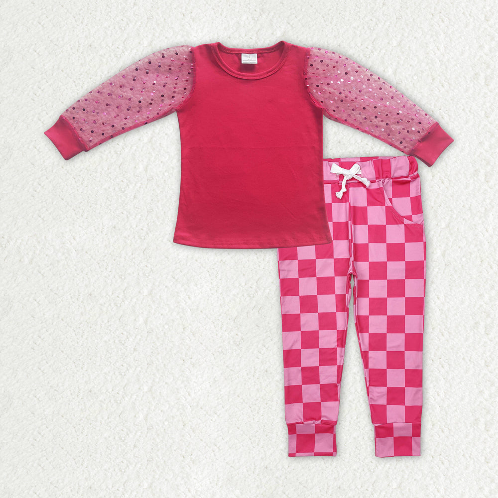 Sibling Baby Girls Pink Hearts Dogs Top Pockets Checked Leggings Valentines Clothes Sets