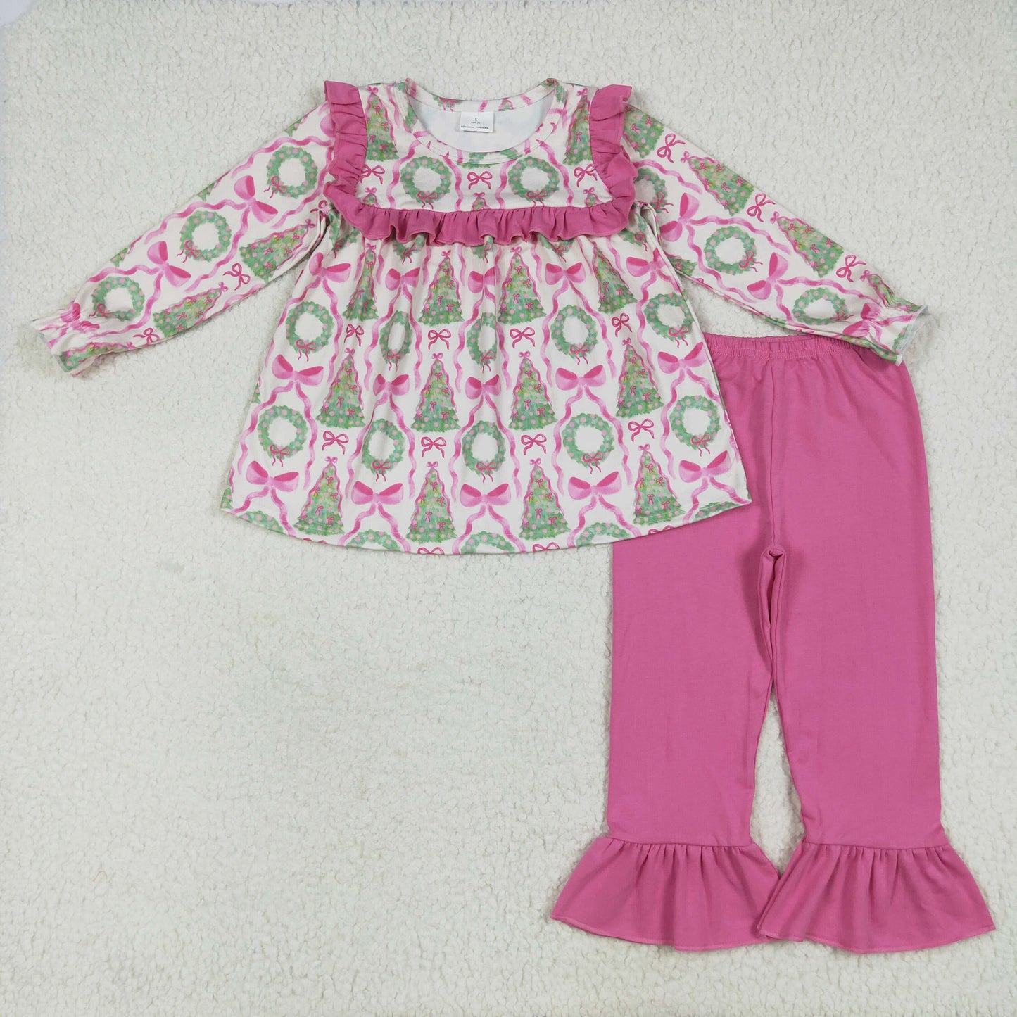 Sibling Baby Girls Christmas Trees Bows Rompers Outfits Sets
