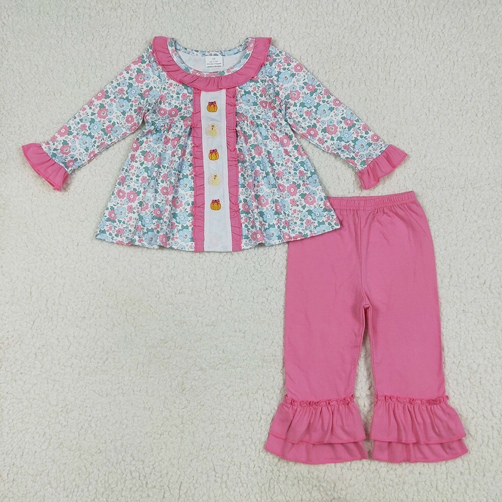 Sibling Embroidery Baby Girls Floral Turkey Pumpkins Rompers Dresses Sets