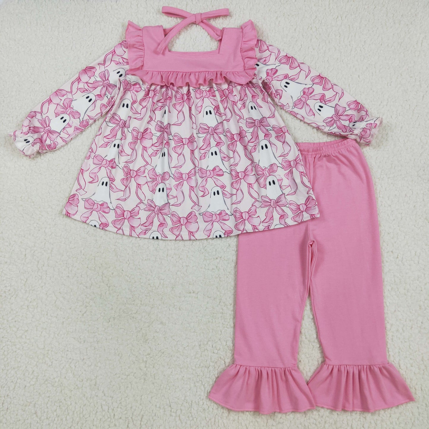 Sibling Baby Girls Long Sleeves Ghosts Bows Tunic Pants Halloween Clothes Sets