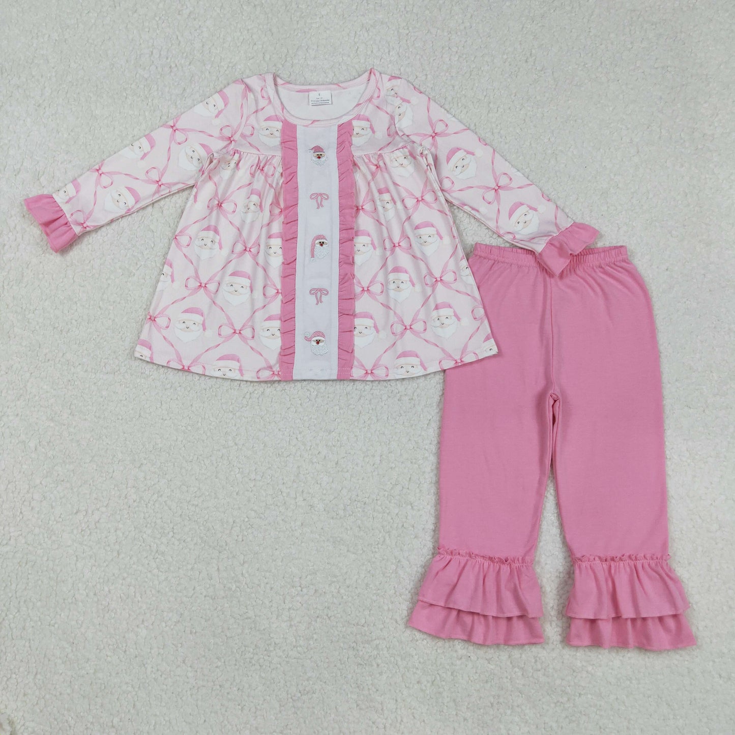 GLP2364 Baby Girls Embroidery Bows Santa Checked Tunic Ruffle Pants Christmas Clothes Sets