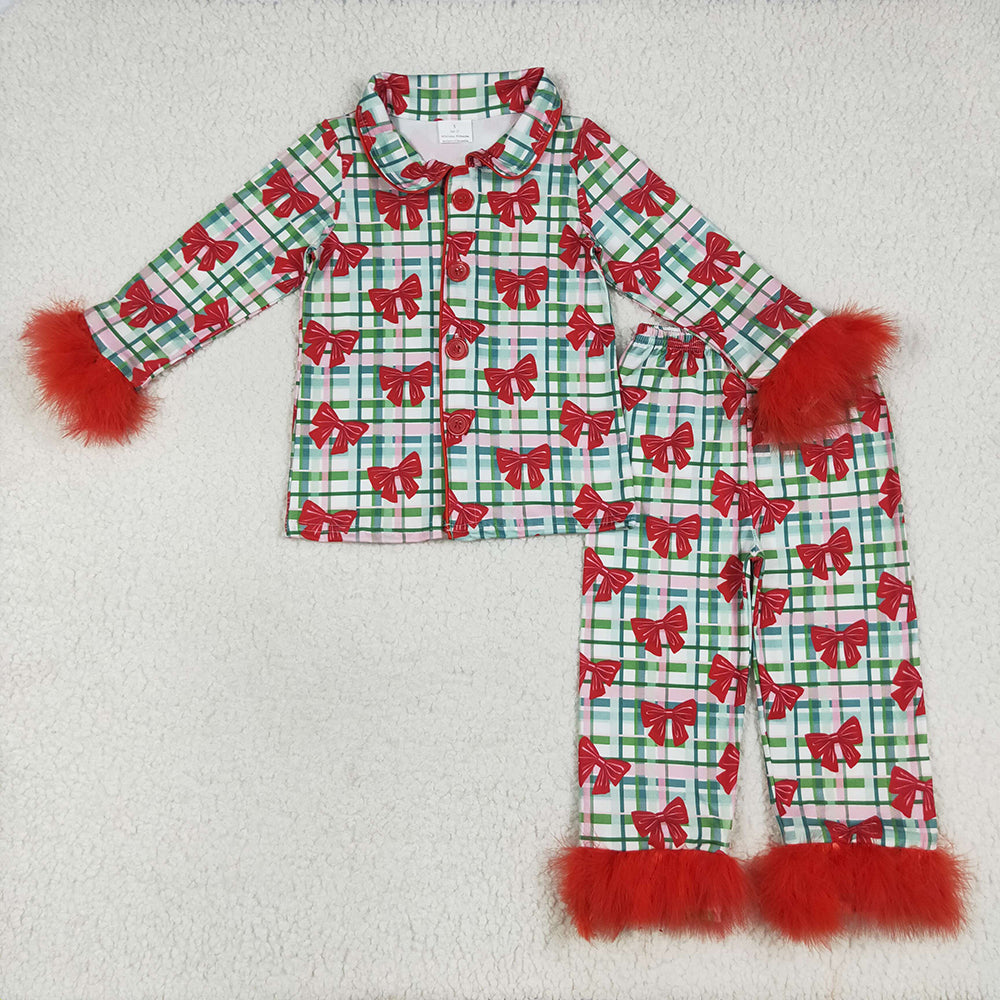 Sibling Baby Girls Christmas Fur Sleeve Bows Buttons Top Pants Pajamas Sets